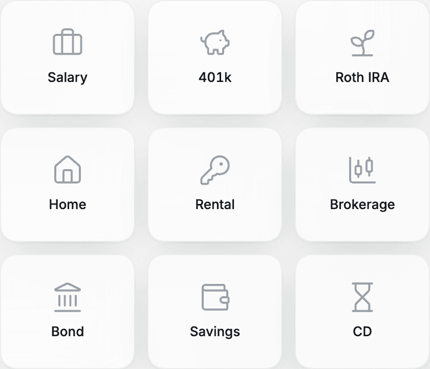 Nine asset types with their distinct colours and icons, light theme